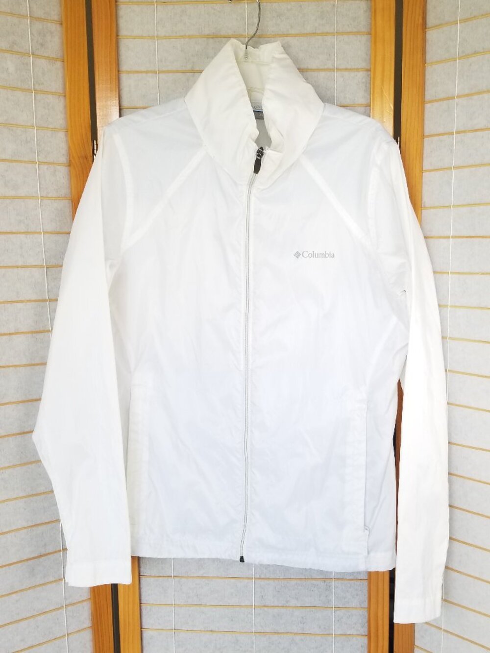 Columbia Bright White Windbreaker Jacket Zip Up Roll-Up Hood Poly Nylon Size XL
